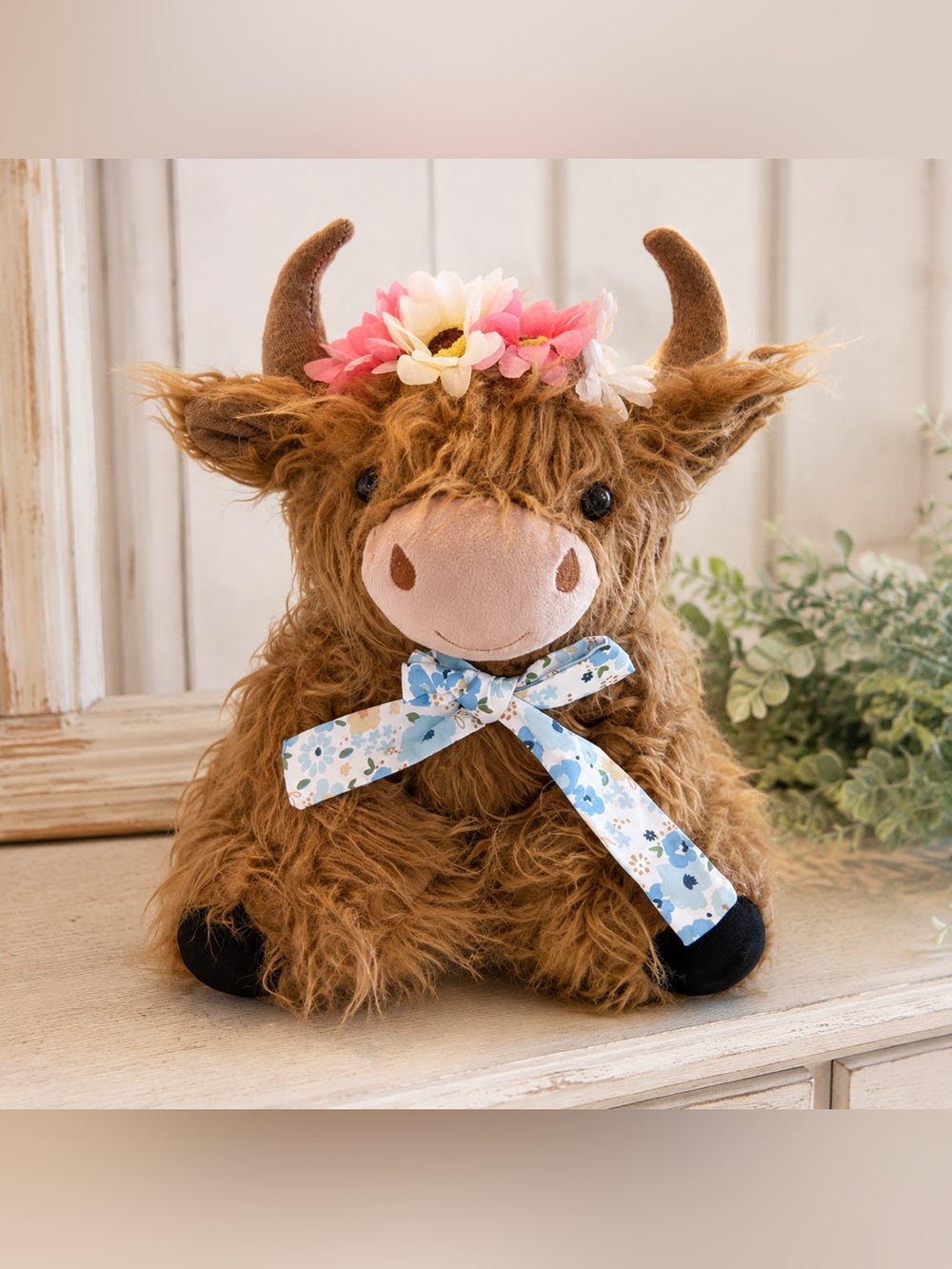 Enchanted Garden Weighted Highland Cow Plush Floral Shelf Sitter